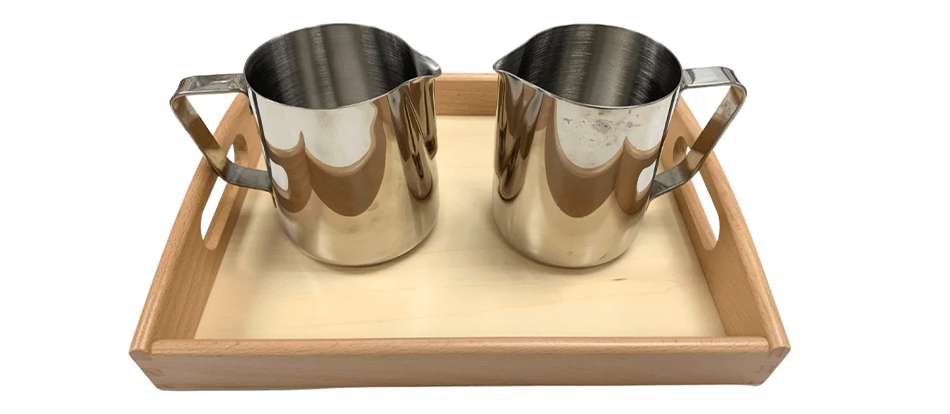2 Metal Pitchers & Wooden Tray