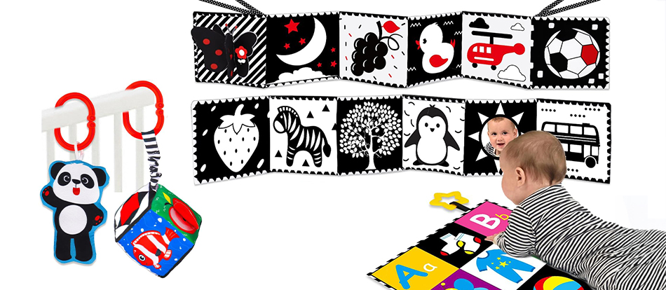 4 PCS Black and White High Contrast Baby Toys 0-3-6 Months Newborn Essential Toy for Babies Crinkle Sensory Book Brain Development Tummy Time Mirror Infant Carseat Rattle Shower Easter Gifts Boy