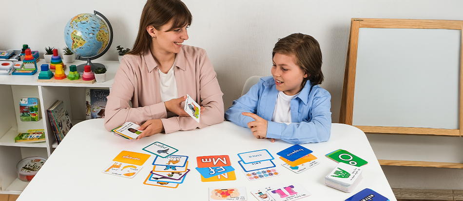 montessori teacher teaches a lesson on language