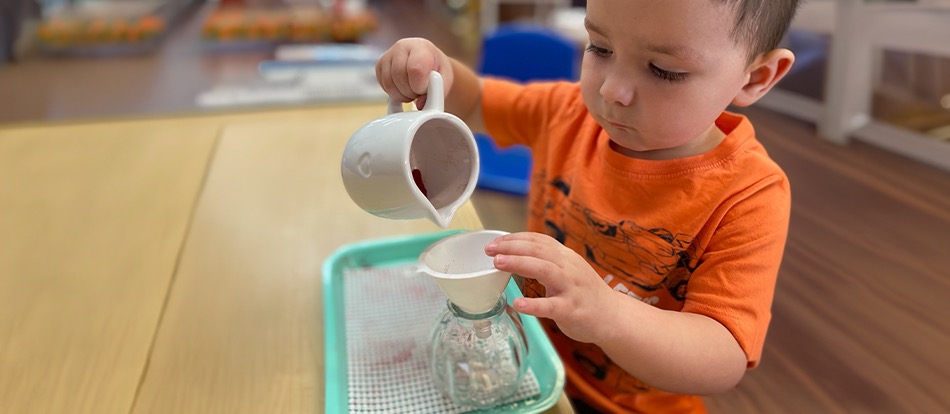montessori preschool student learns to pour water from one cup to another
